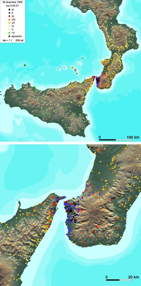 Localizzazione degli effetti classificati del terremoto del 28 dicembre 1908 (da Guidoboni e Mariotti 2008).
