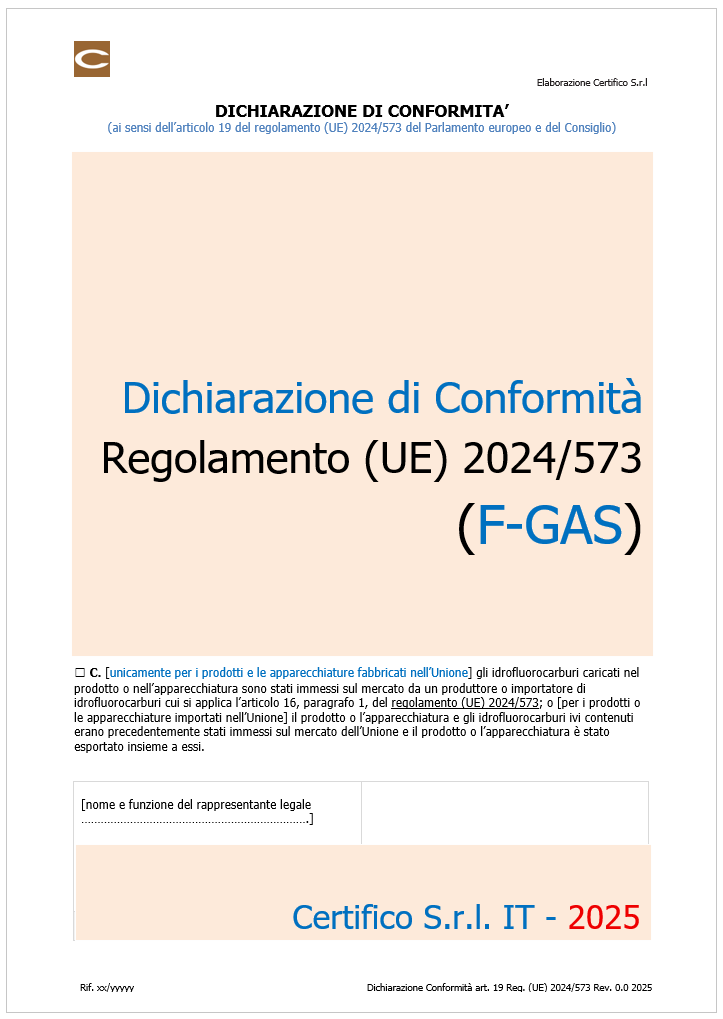 Modello Dichiarazione di Conformità Regolamento (UE) 2024/573 (F-GAS)