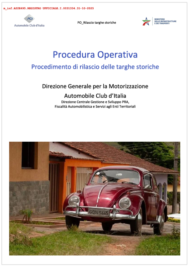 Procedura operativa MIT n. 31334 del 31 ottobre 2025 / Procedura operativa MIT rilascio targhe auto storiche